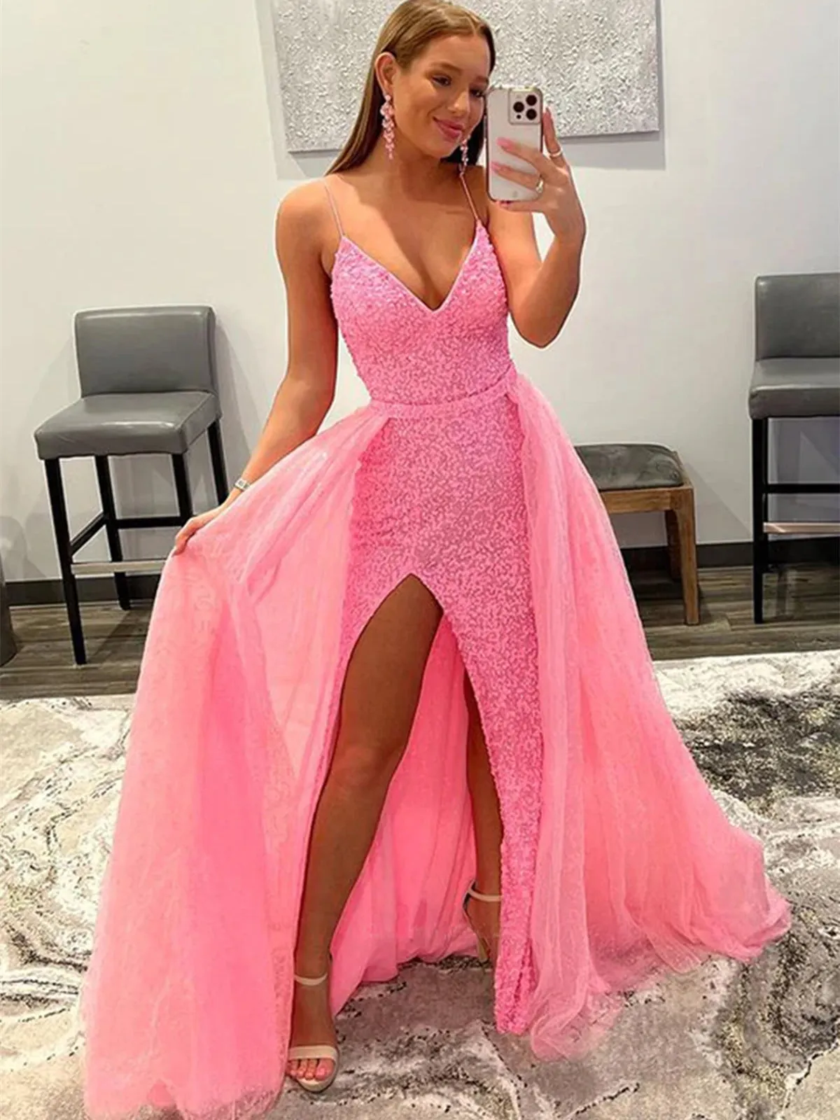 Shiny Pink Sequins V Neck Mermaid Long Prom Dresses with High Slit, Mermaid Pink Formal Graduation Evening Dresses