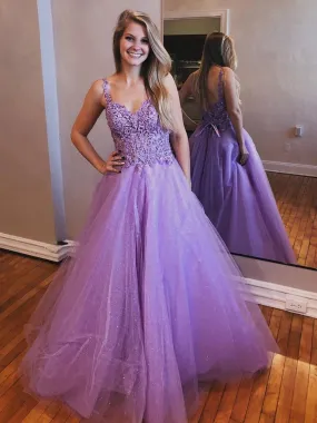 Shiny V Neck Open Back Lavender Lace Long Prom, Open Back Lavender Lace Formal, Lace Lavender Evening