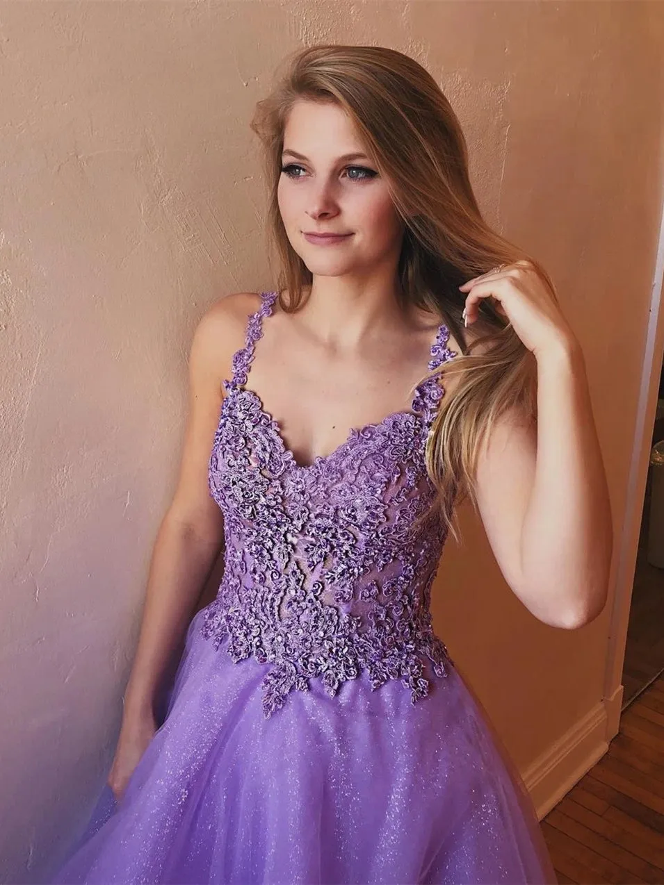 Shiny V Neck Open Back Lavender Lace Long Prom, Open Back Lavender Lace Formal, Lace Lavender Evening