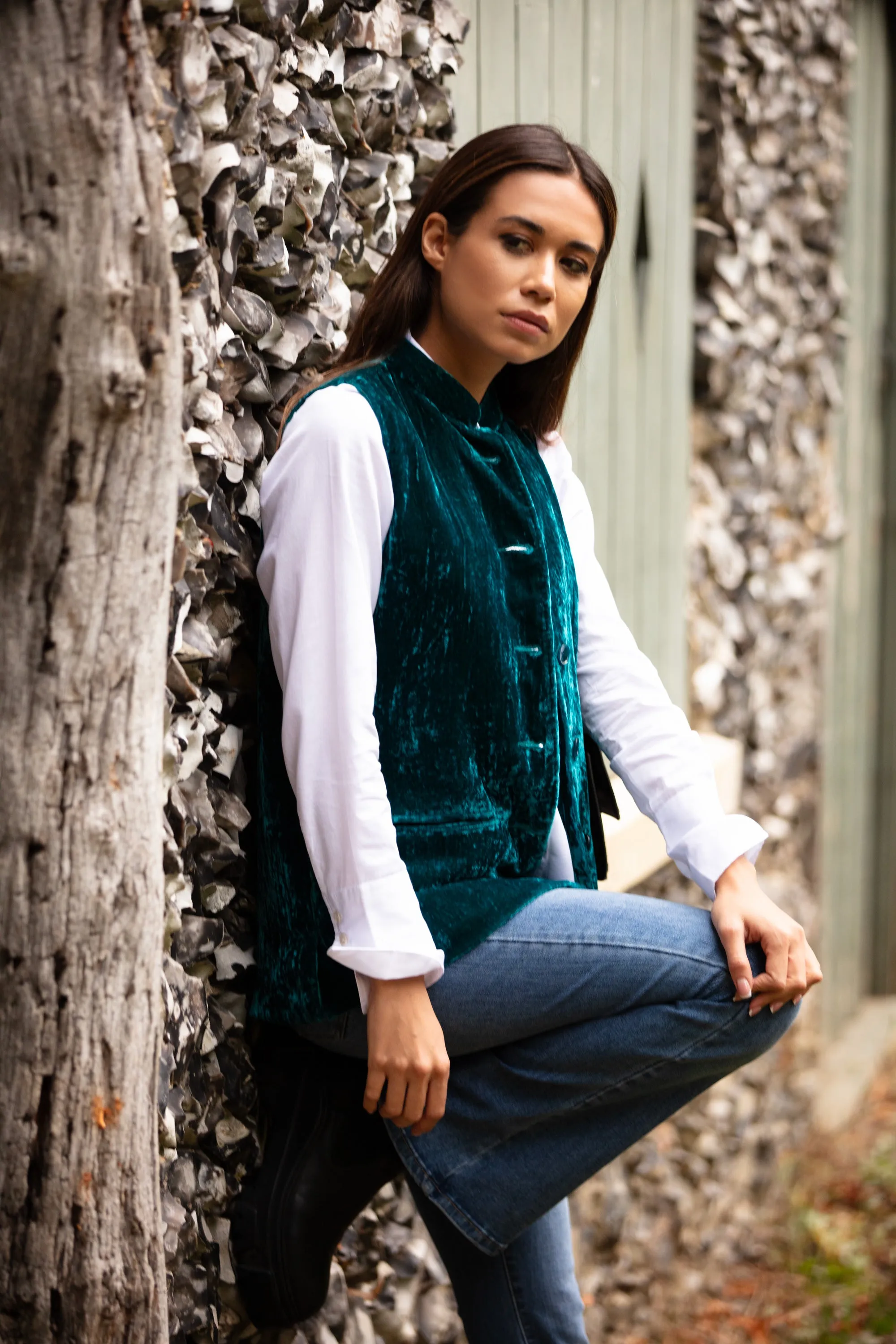 Short Silk Velvet Waistcoat In Kingfisher Blue