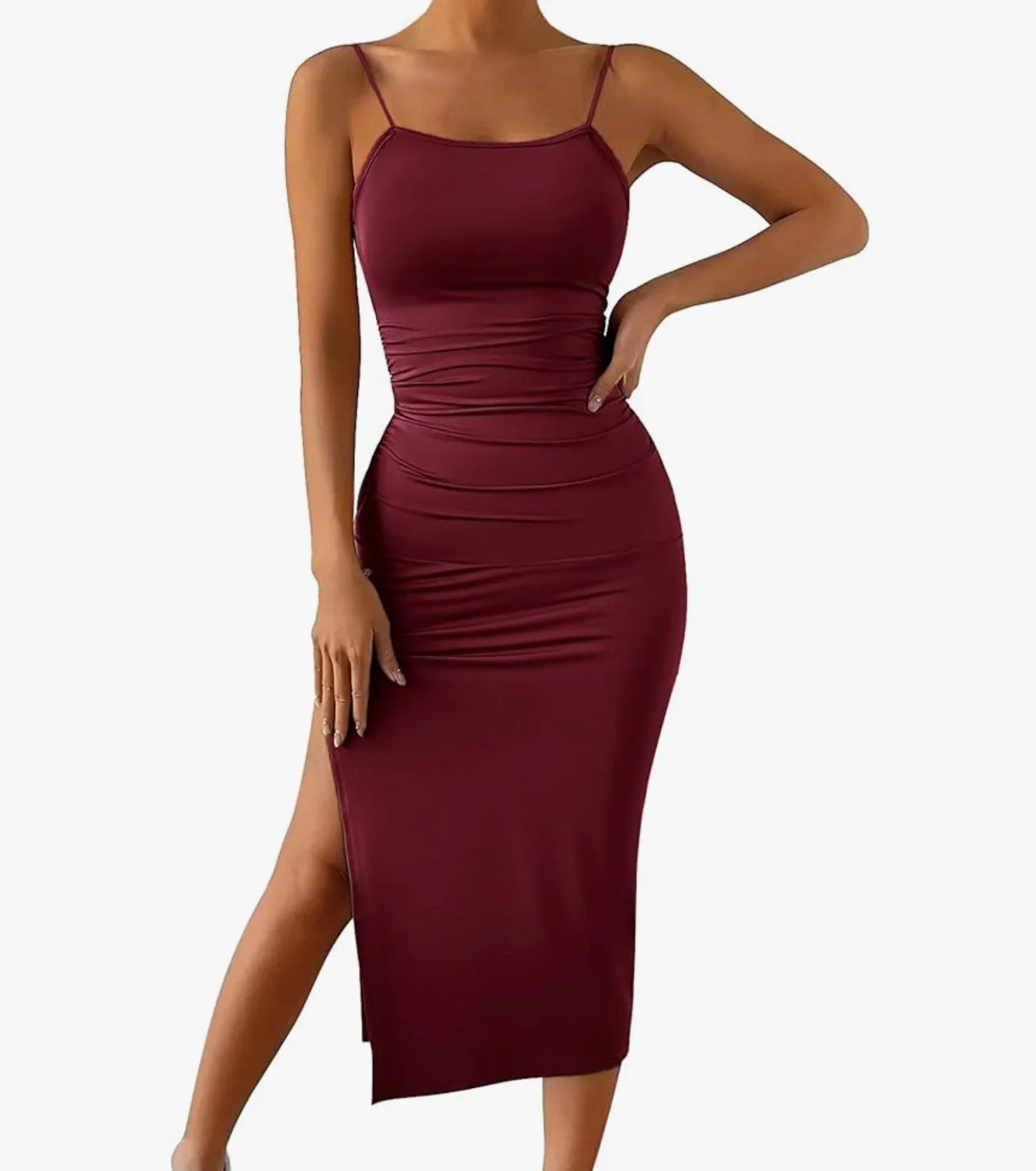 Silky Slit Strappy Midi Dress in Wine Red