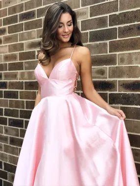 Simple A Line V Neck Backless Pink Satin Long Prom, Backless Pink Formal, Pink Evening