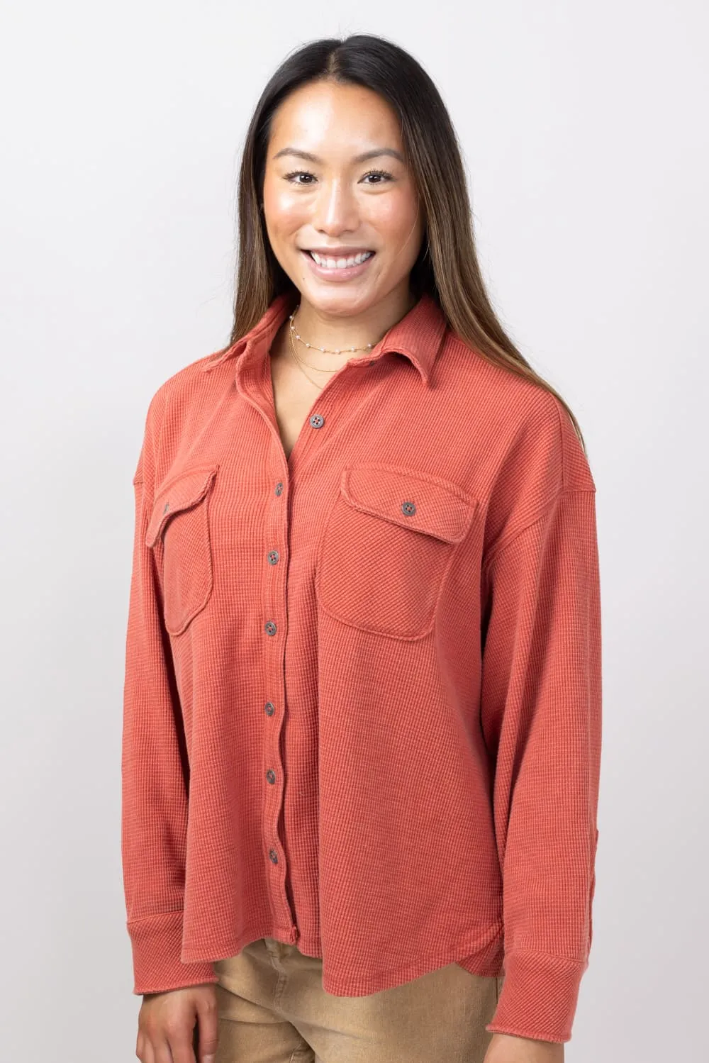 Simply Southern Waffle Knit Shacket for Women in Rust | PP-0224-SHKT-WAFFLE-RUST