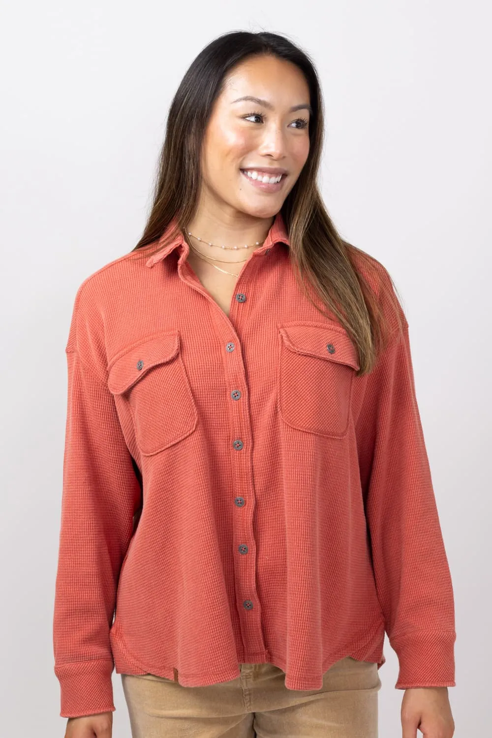 Simply Southern Waffle Knit Shacket for Women in Rust | PP-0224-SHKT-WAFFLE-RUST