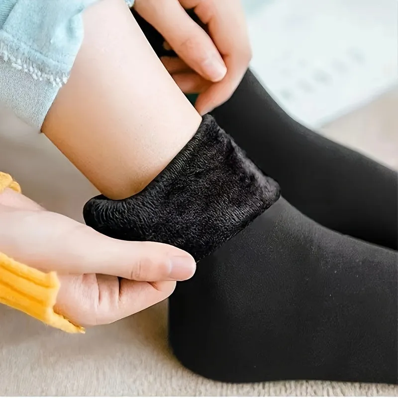 Solid Plush Lined Socks, Comfort Thickened Warm Mid Tube Socks For Fall & Winter, Women's Stockings & Hosiery