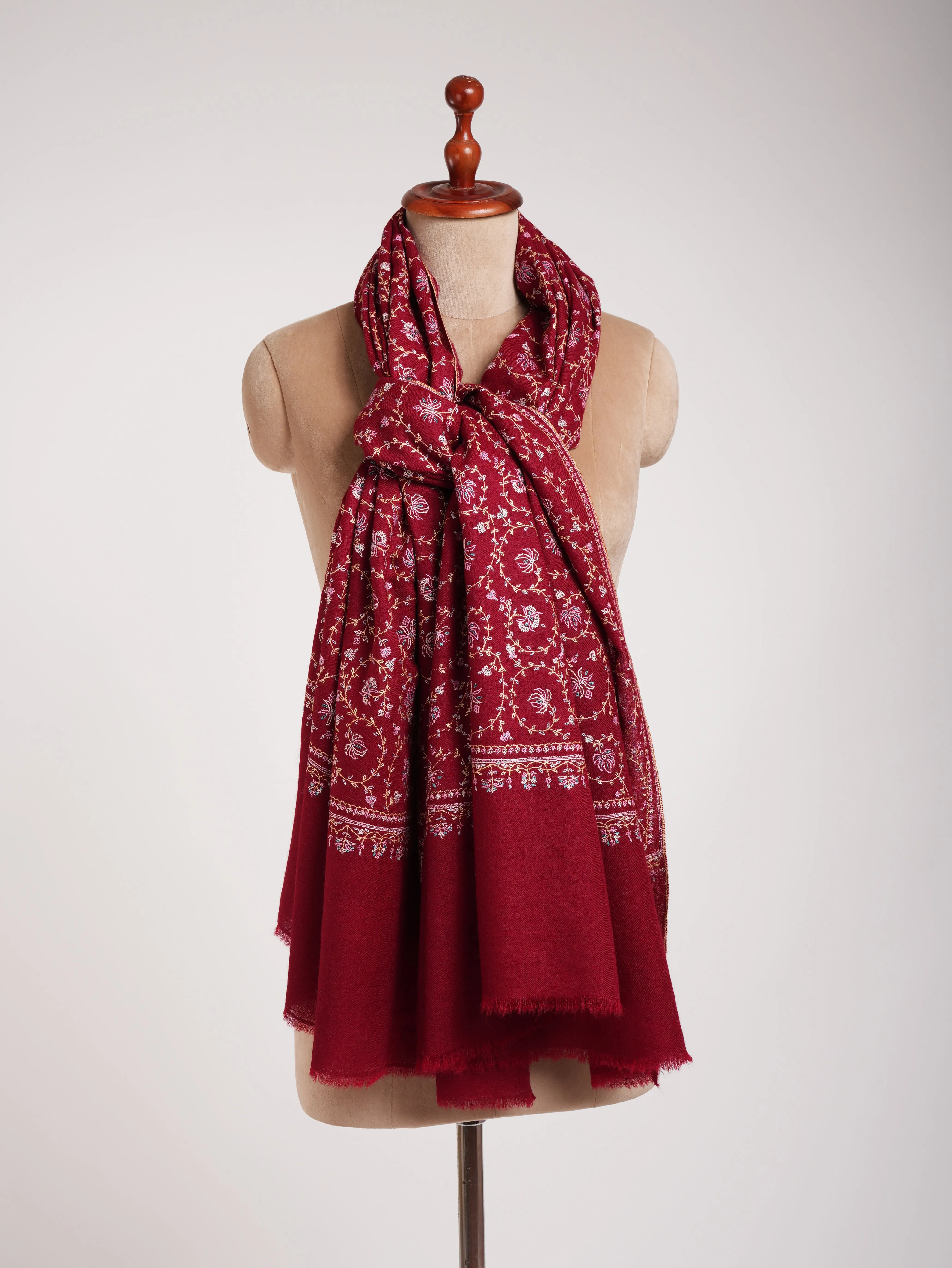 Sozni Embroidered Kashmiri Pashmina Shawl in Maroon