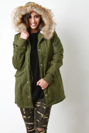 Suede Fur Trim Hooded Parka Jacket