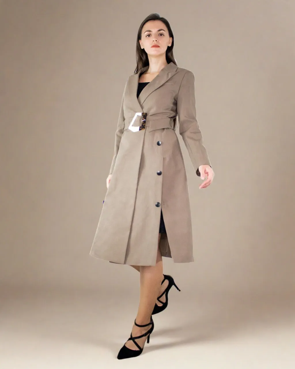 Tayah Women Midi Fitted Coat with Belt - Tailored Trench Coat