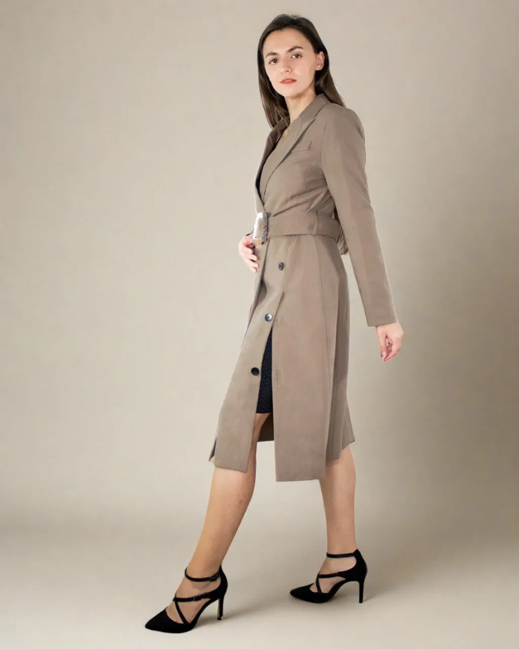 Tayah Women Midi Fitted Coat with Belt - Tailored Trench Coat