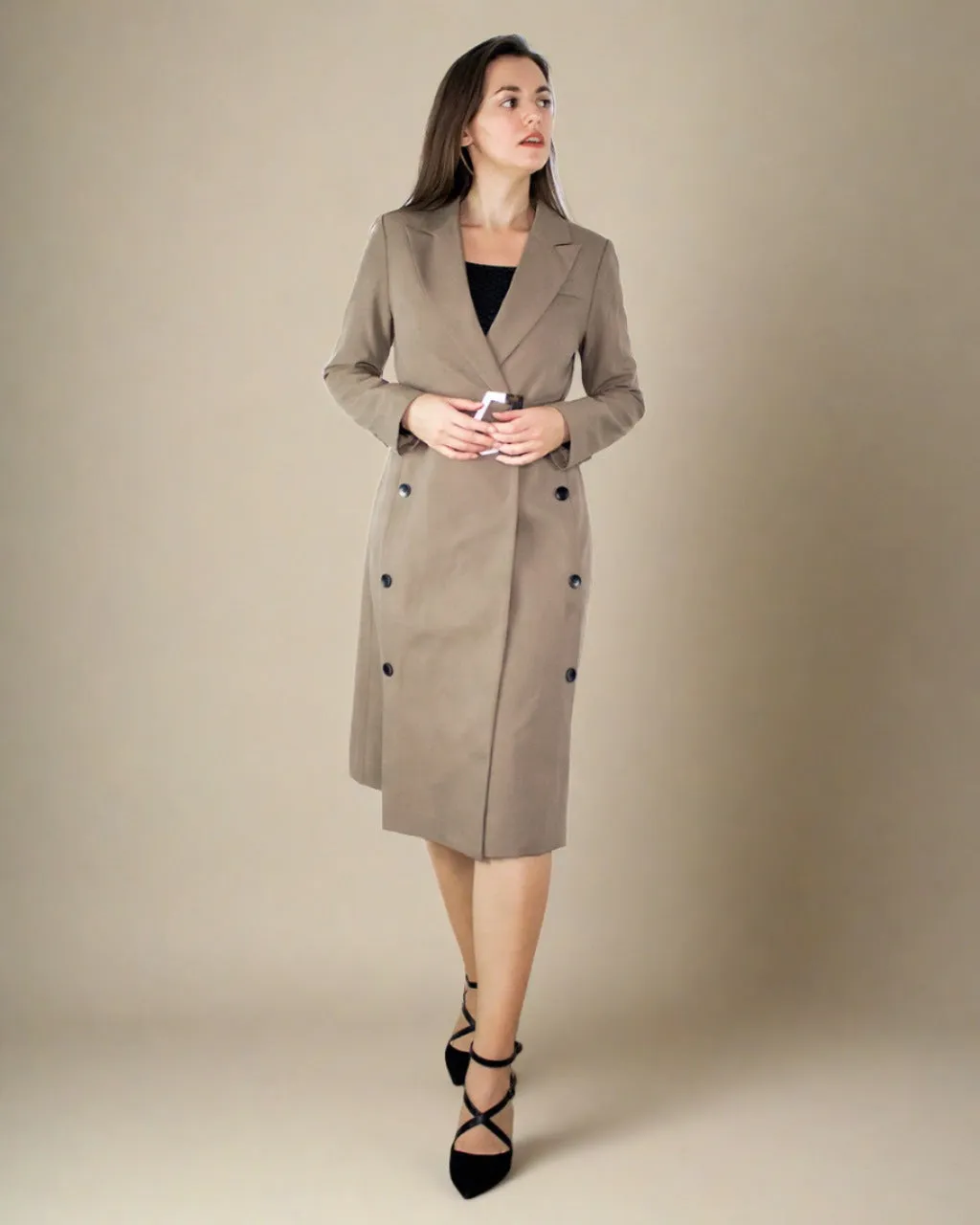 Tayah Women Midi Fitted Coat with Belt - Tailored Trench Coat