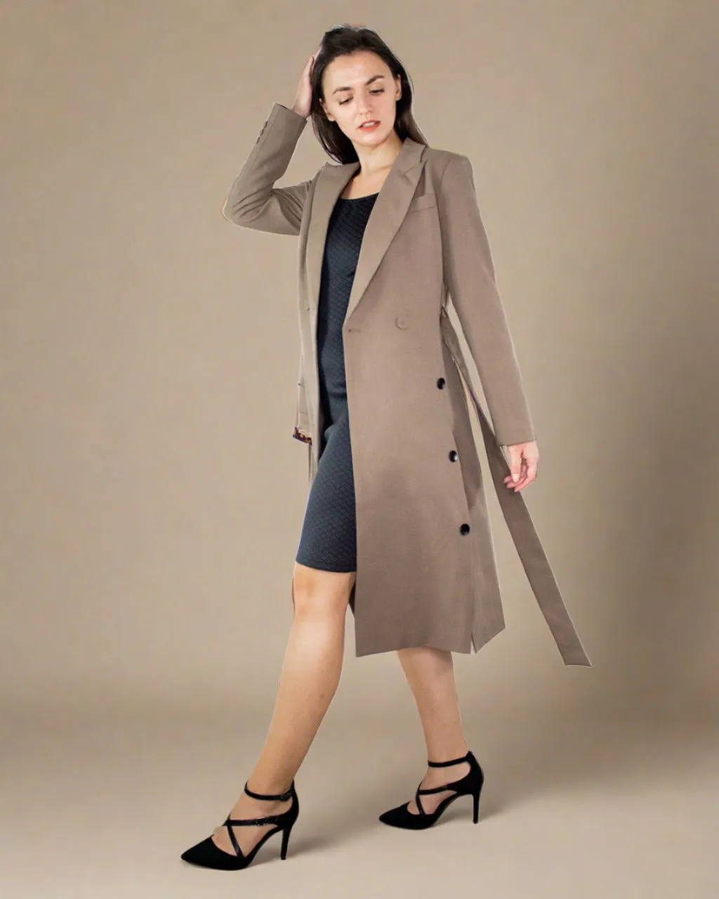 Tayah Women Midi Fitted Coat with Belt - Tailored Trench Coat