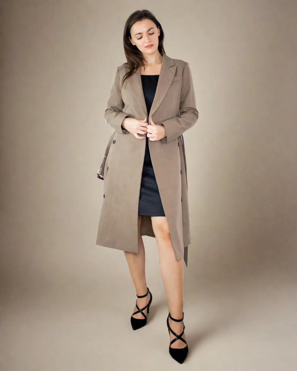 Tayah Women Midi Fitted Coat with Belt - Tailored Trench Coat