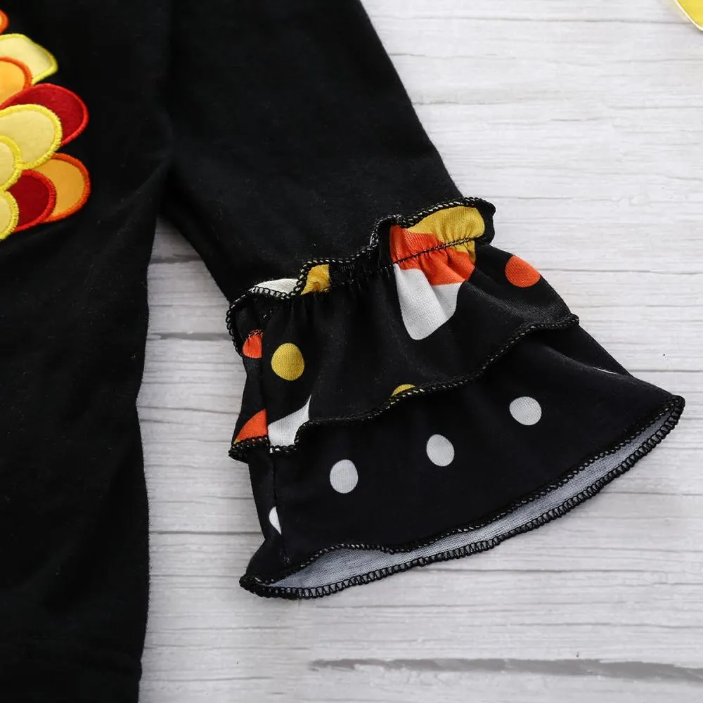 Thanksgiving Girls Long Sleeve Embroidered Cartoon Turkey T-Shirt Printed Flared Pants Set Wholesale