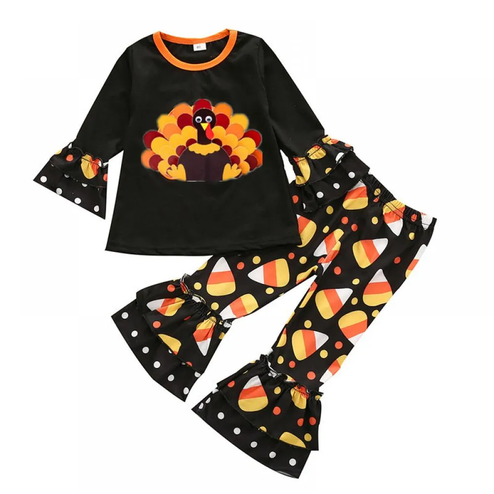 Thanksgiving Girls Long Sleeve Embroidered Cartoon Turkey T-Shirt Printed Flared Pants Set Wholesale