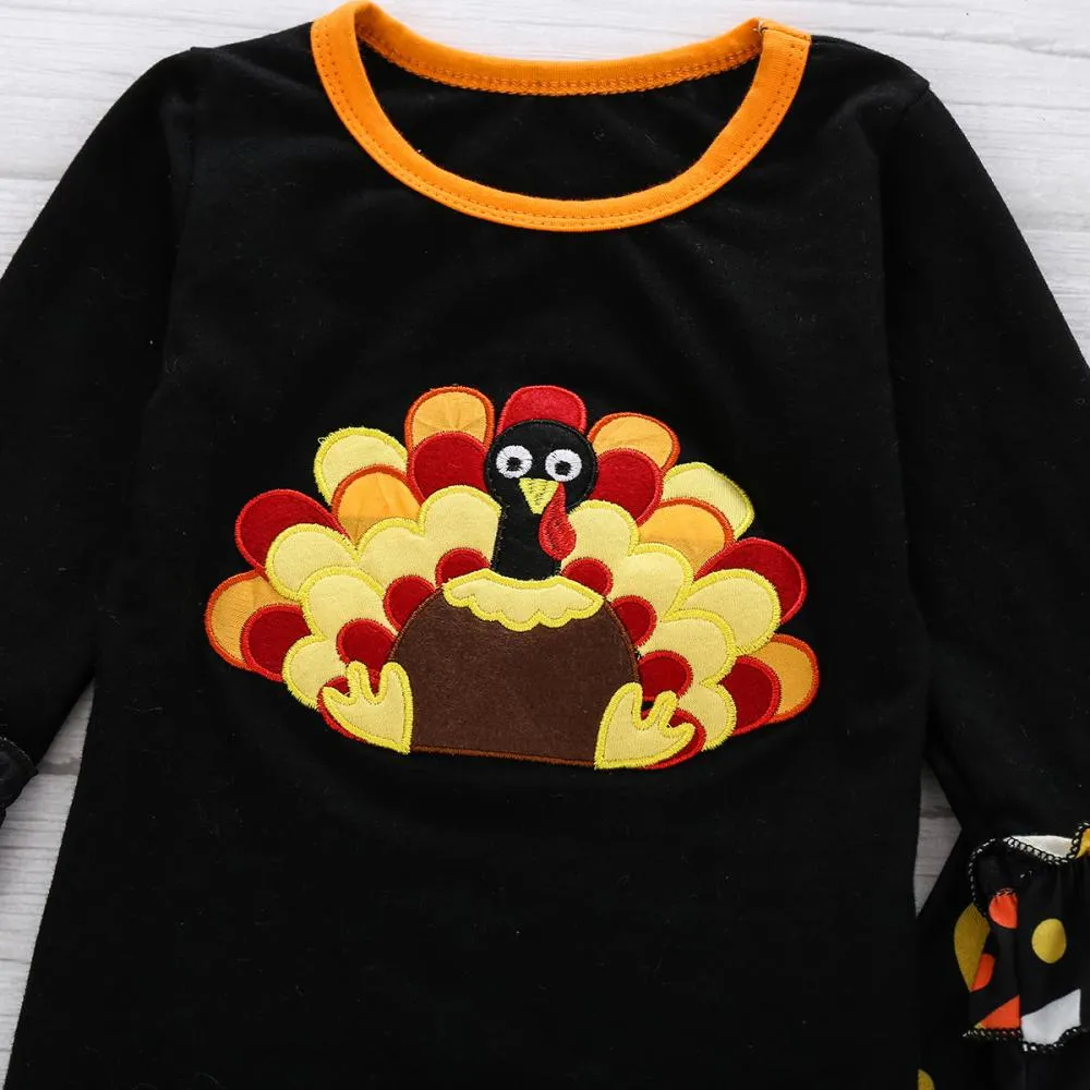 Thanksgiving Girls Long Sleeve Embroidered Cartoon Turkey T-Shirt Printed Flared Pants Set Wholesale