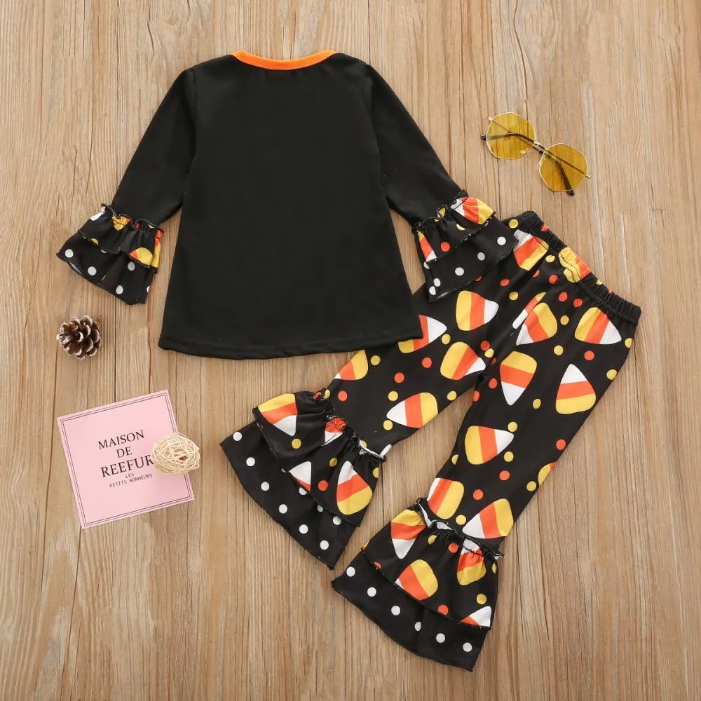 Thanksgiving Girls Long Sleeve Embroidered Cartoon Turkey T-Shirt Printed Flared Pants Set Wholesale