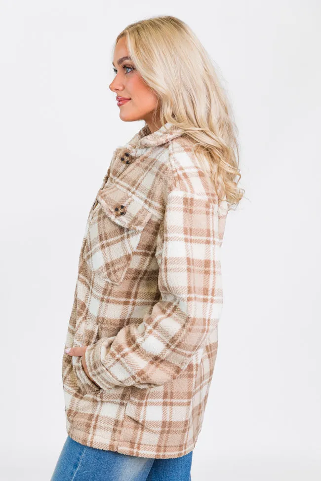 Through The Leaves Khaki Sherpa Plaid Shacket