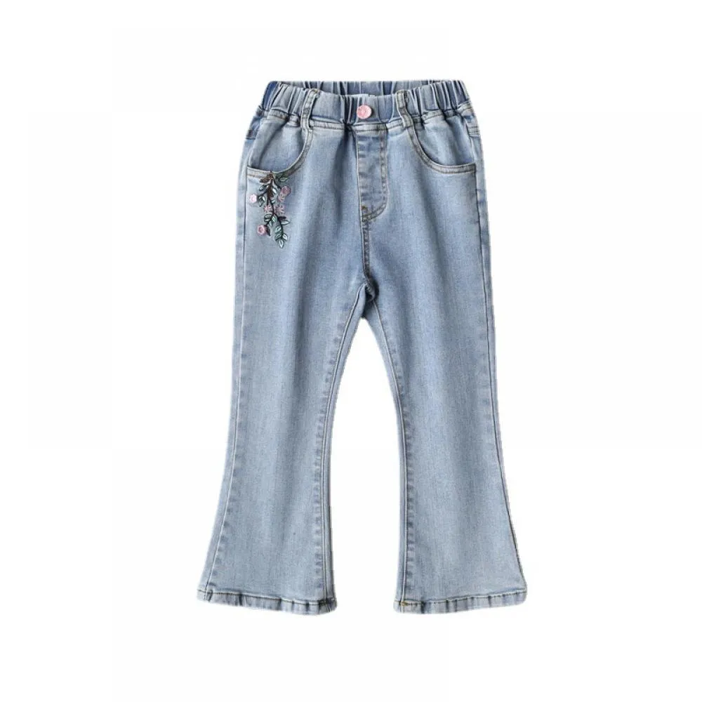 Toddler Girls Jean Autumn Embroidered Flower Flared Pants Blue Trousers Wholesale