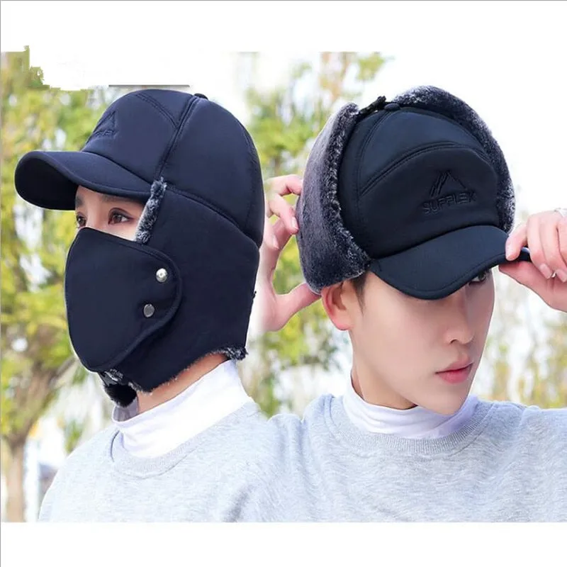 Trend Winter Thermal Bomber Hats Men Women Fashion Ear Protection Face Windproof Ski Cap Velvet Thicken Couple Hat