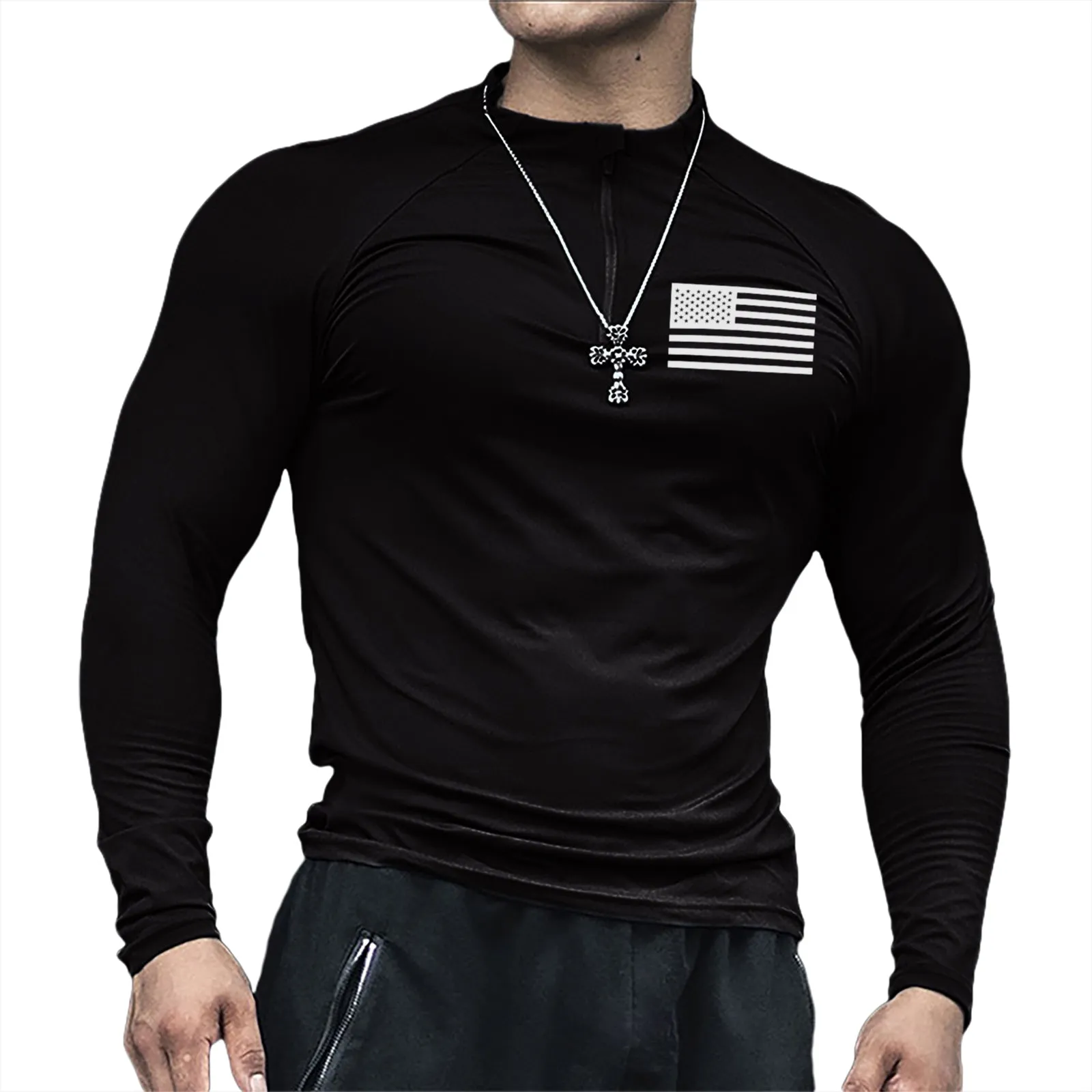 USA FLAG ACTIVE DRY-FIT MOISTURE WICKING ZIPPER HENLEY NECK RAGLAN GRAPHIC LONG SLEEVE T-SHIRT