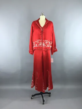 Vintage 1930s Art Deco Chinoiserie Embroidered Silk Satin Pajamas Loungewear Set