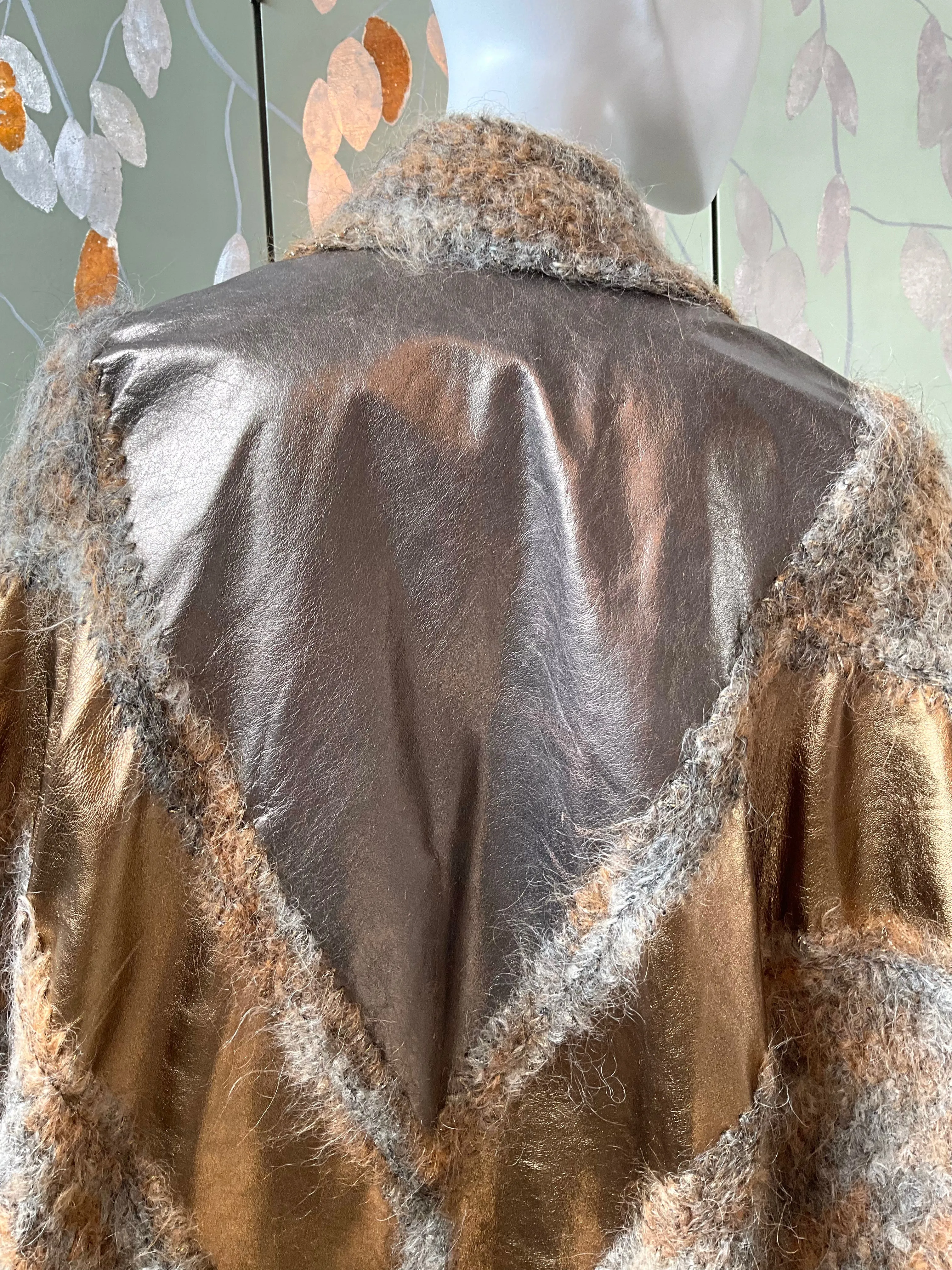 Vintage 1980s Norma Gold Metallic Leather and Wool Patchwork Batwing Open Front Coat