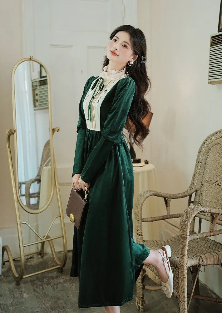 Vintage Academia Velvet Green Dress