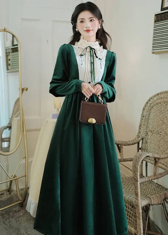 Vintage Academia Velvet Green Dress