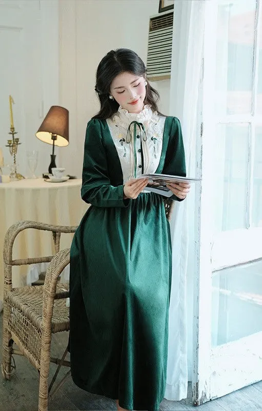 Vintage Academia Velvet Green Dress