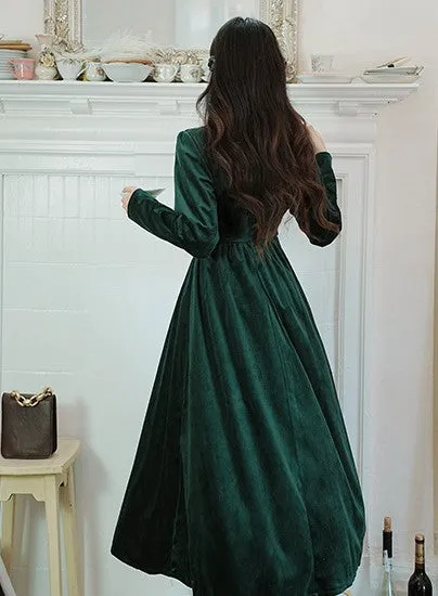 Vintage Academia Velvet Green Dress