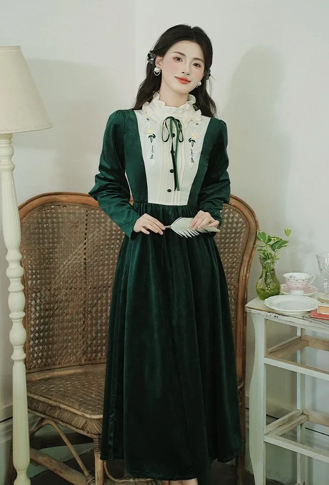 Vintage Academia Velvet Green Dress