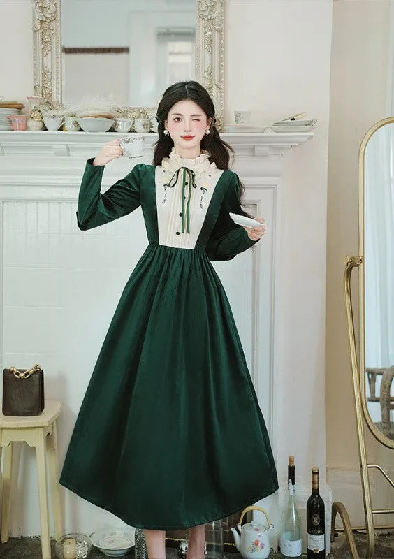 Vintage Academia Velvet Green Dress