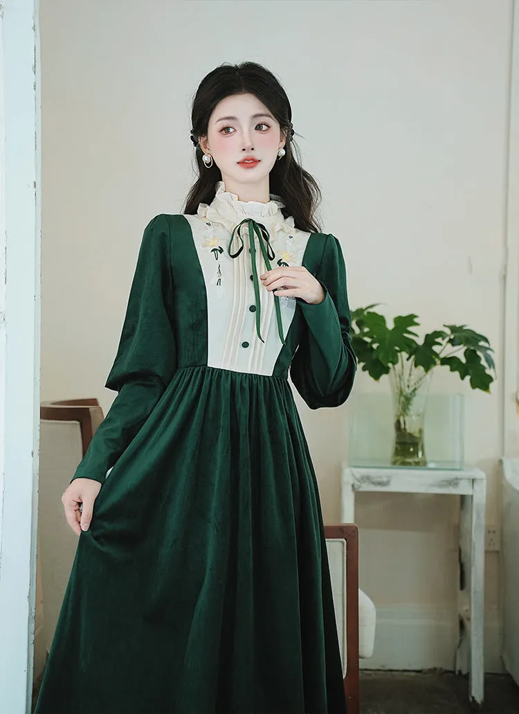 Vintage Academia Velvet Green Dress