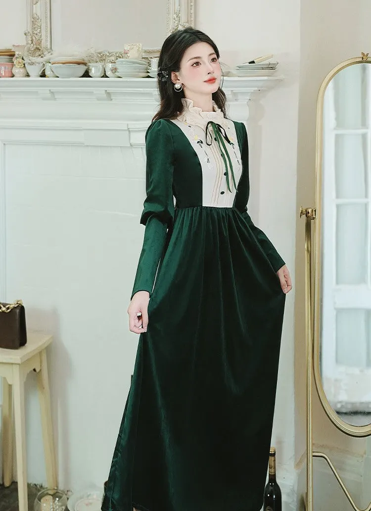 Vintage Academia Velvet Green Dress