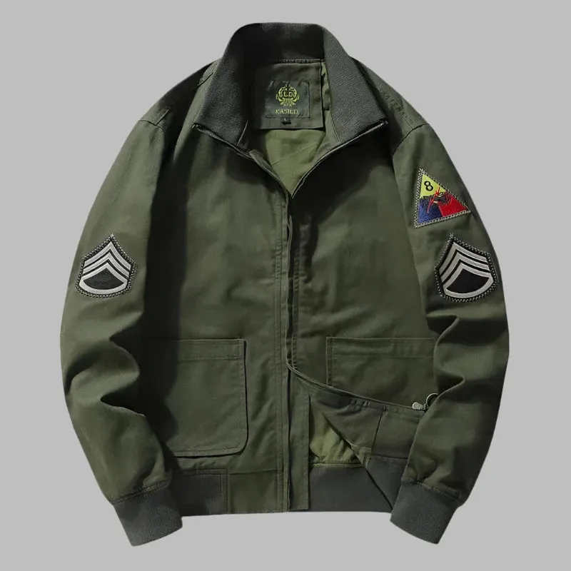 Vintage Oversized Military Bomber Coat with Embroidered Shoulder Patch - Men's Tanker Jacket