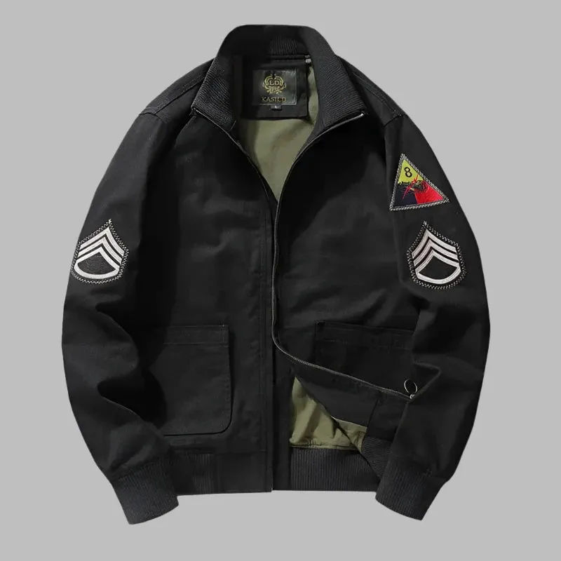 Vintage Oversized Military Bomber Coat with Embroidered Shoulder Patch - Men's Tanker Jacket