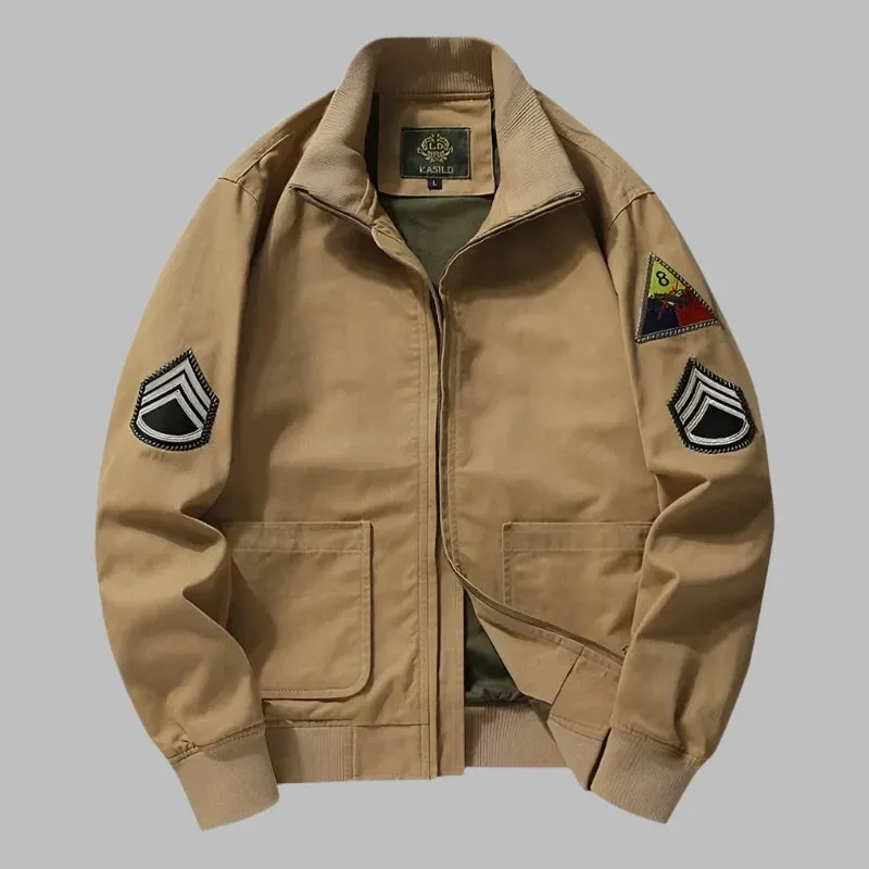 Vintage Oversized Military Bomber Coat with Embroidered Shoulder Patch - Men's Tanker Jacket