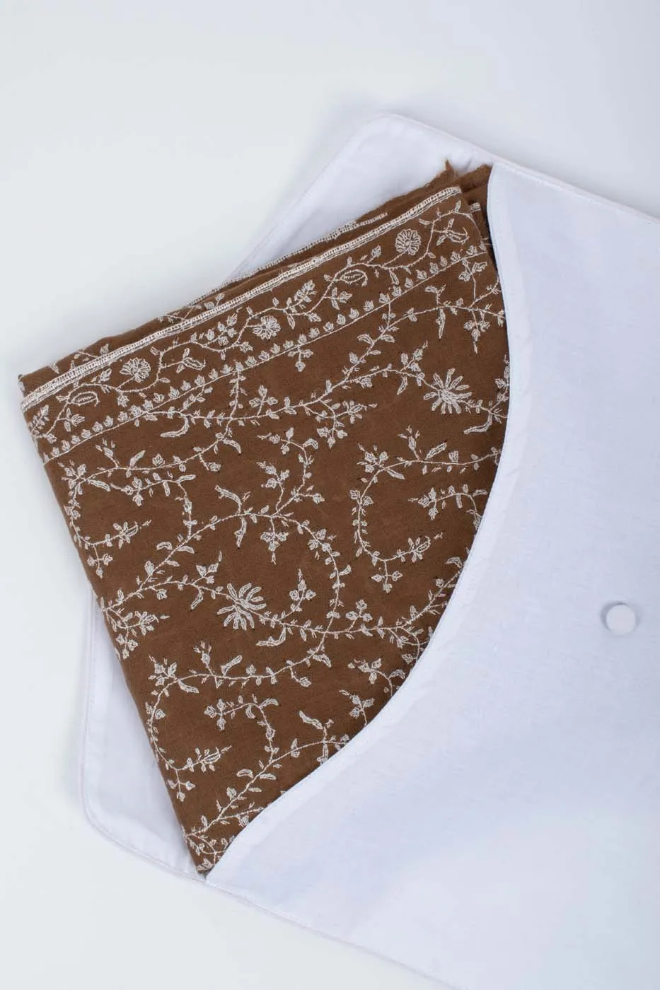 White and Brown Sozni Embroidered Pashmina Shawl - AMRAVATI