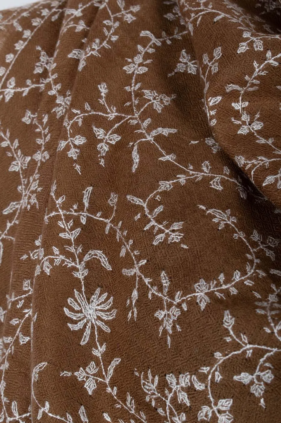 White and Brown Sozni Embroidered Pashmina Shawl - AMRAVATI