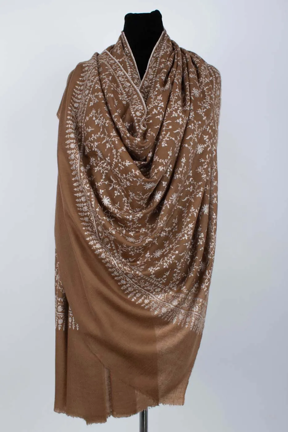 White and Brown Sozni Embroidered Pashmina Shawl - AMRAVATI