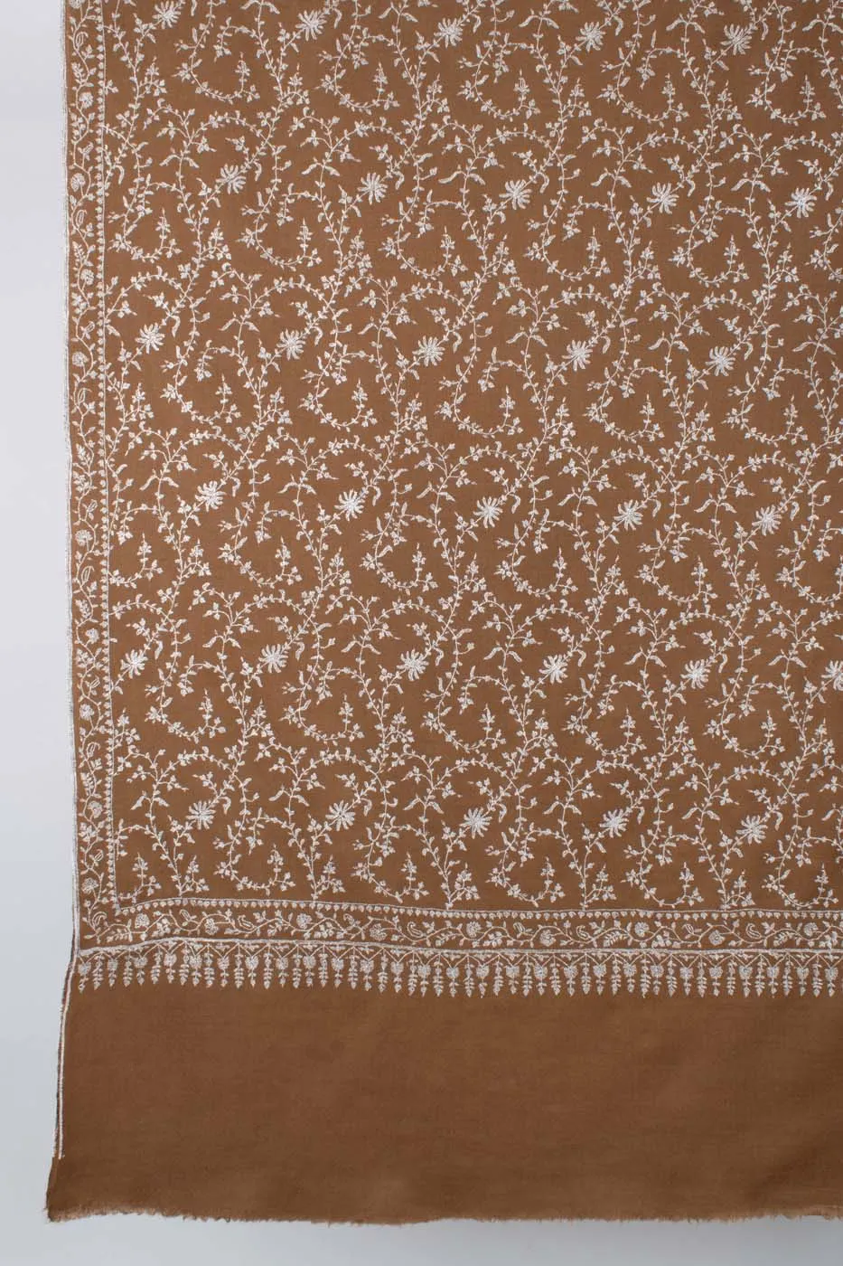 White and Brown Sozni Embroidered Pashmina Shawl - AMRAVATI