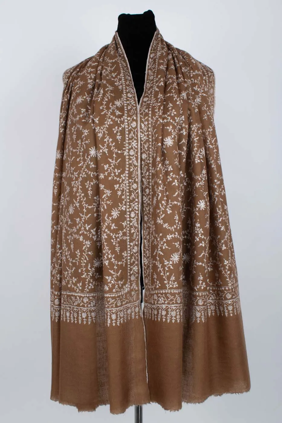 White and Brown Sozni Embroidered Pashmina Shawl - AMRAVATI