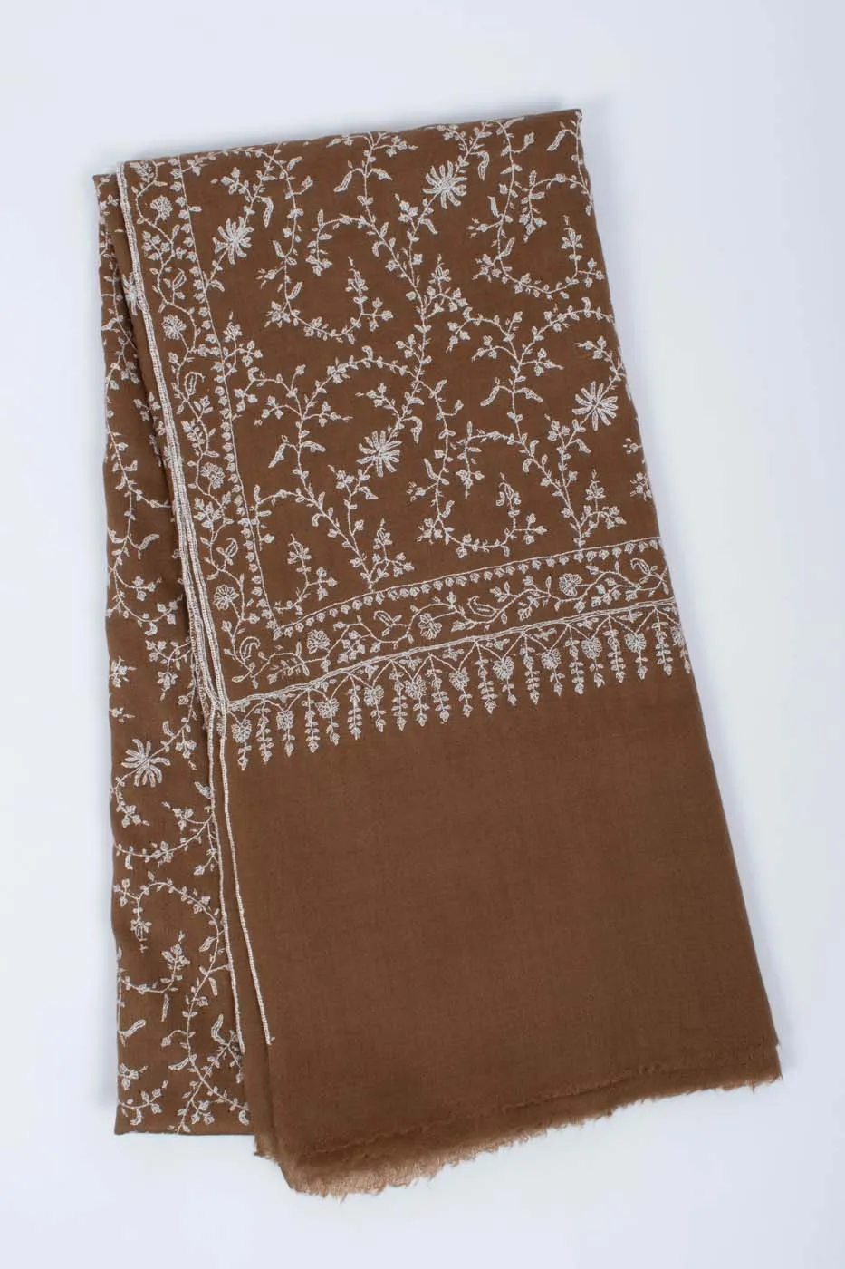 White and Brown Sozni Embroidered Pashmina Shawl - AMRAVATI