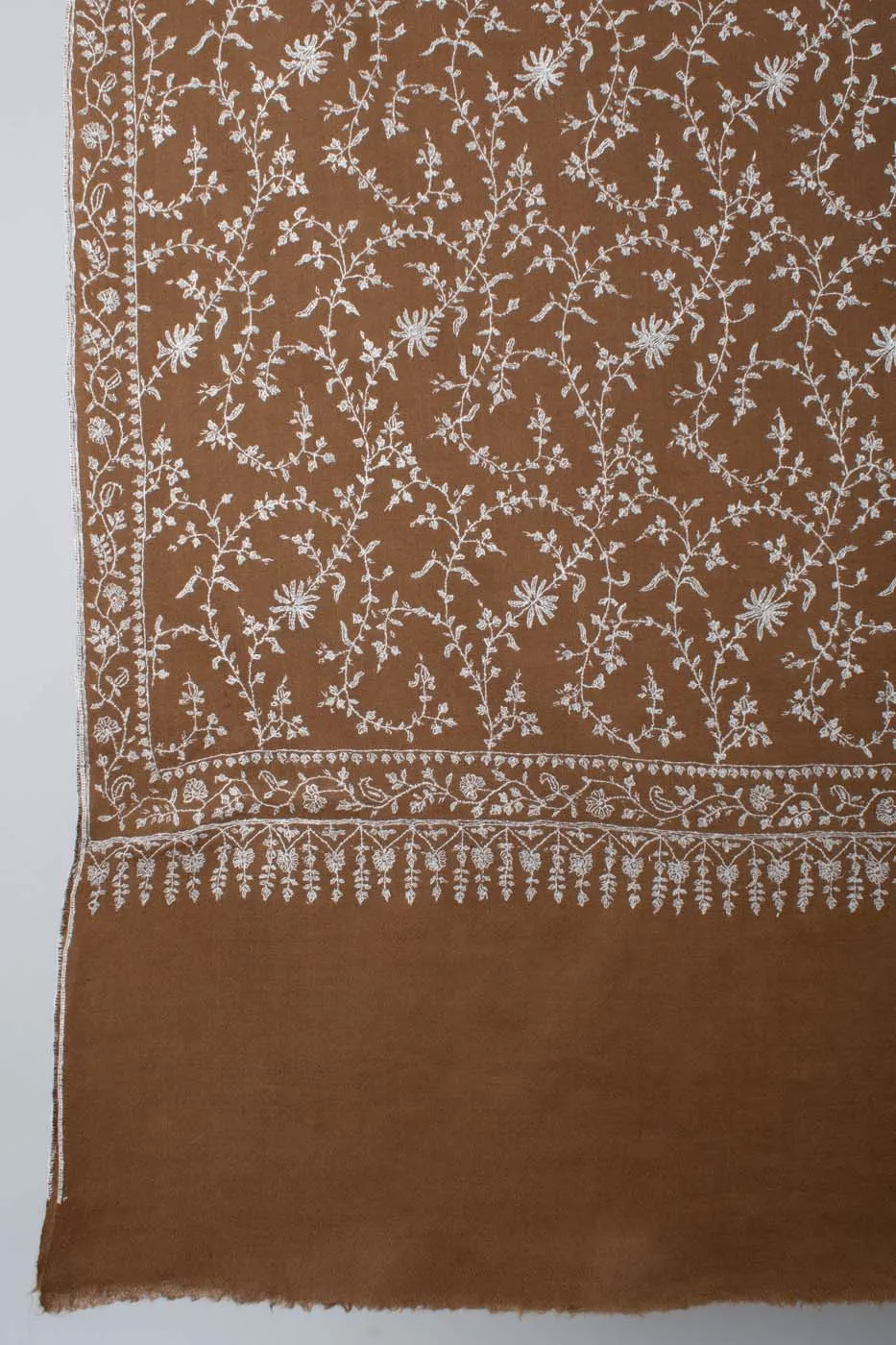 White and Brown Sozni Embroidered Pashmina Shawl - AMRAVATI