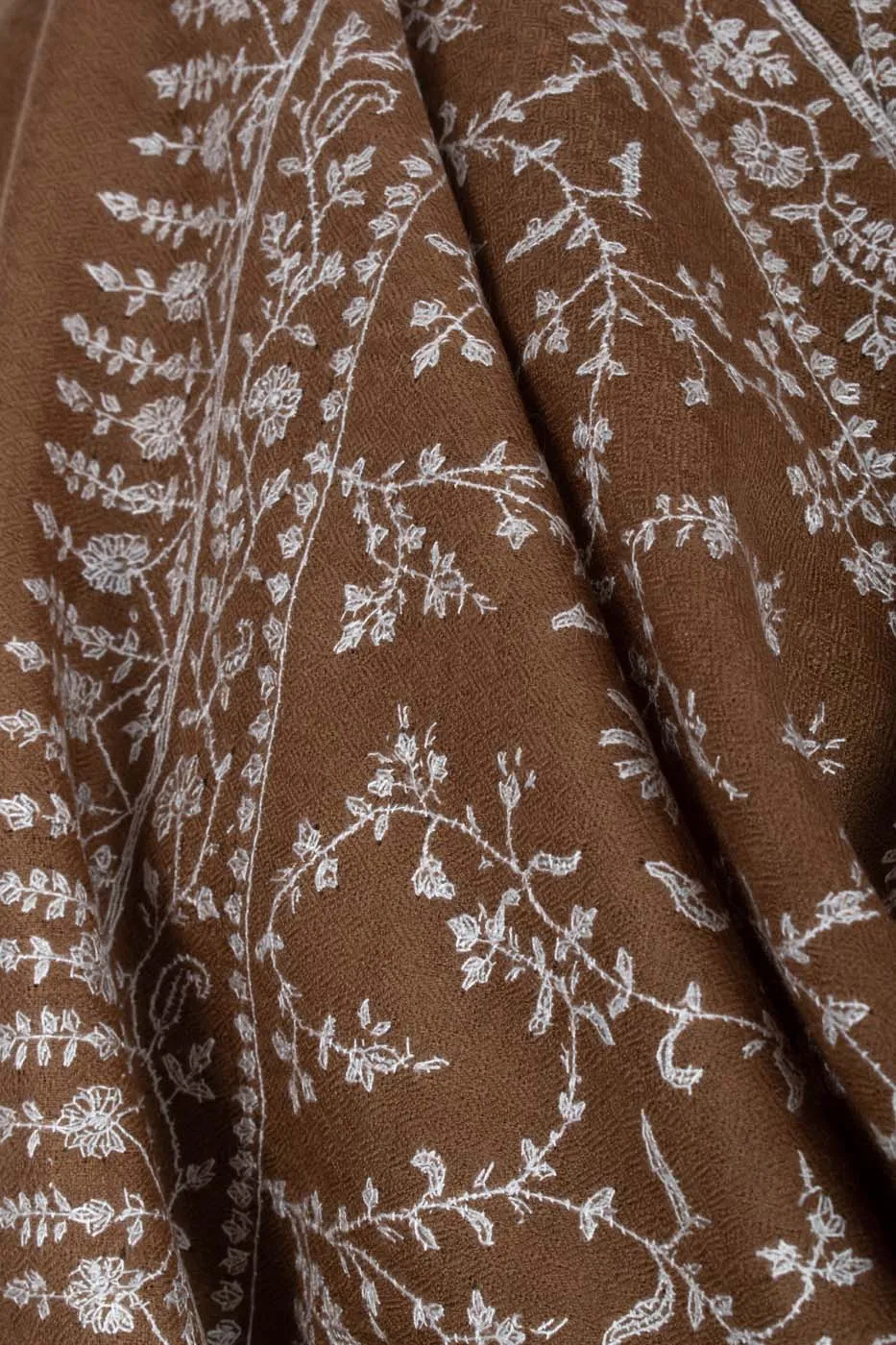 White and Brown Sozni Embroidered Pashmina Shawl - AMRAVATI