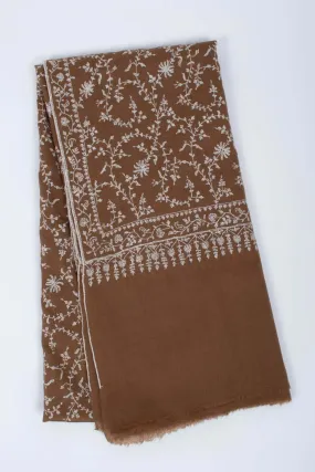 White and Brown Sozni Embroidered Pashmina Shawl - AMRAVATI