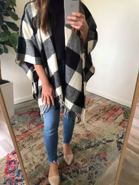 White Buffalo Check Plaid Open Poncho