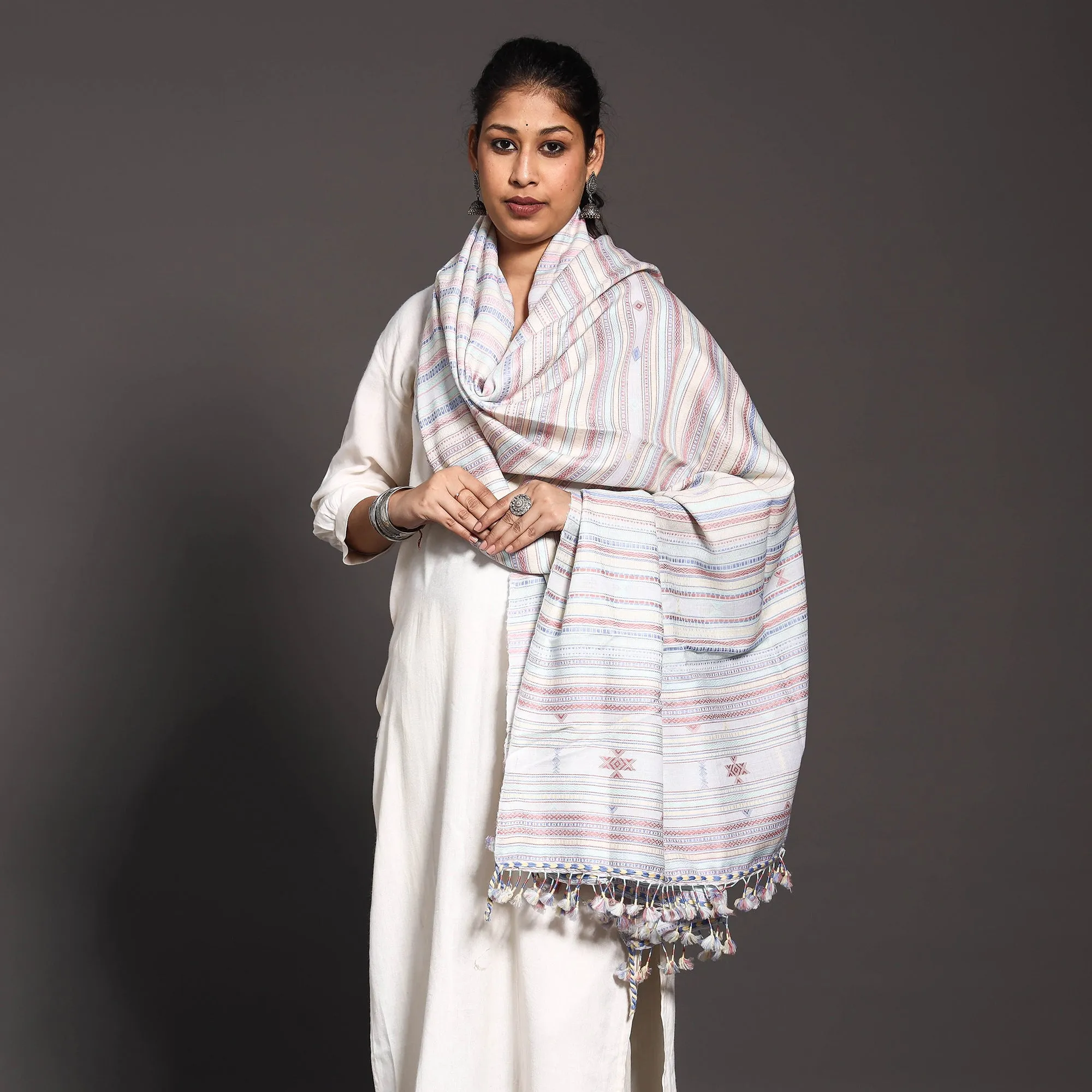 White - Kutch Traditional Embroidered Handwoven Fine Woolen Shawl