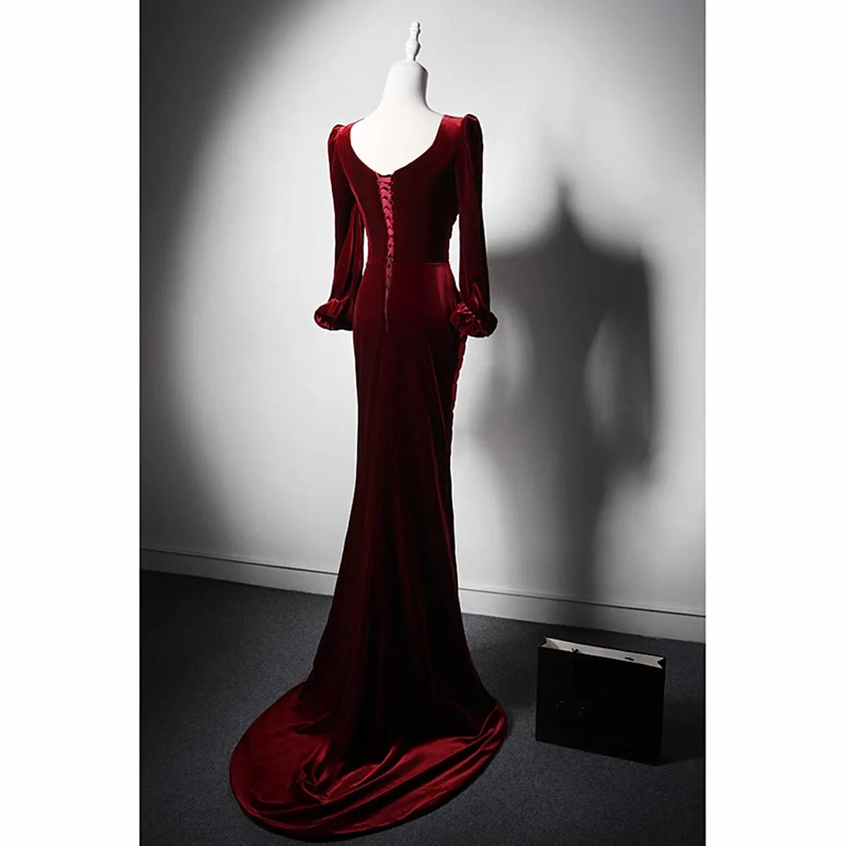 Wine Red Long Sleeves Velvet Mermaid Long Party Dress, Wine Red Long Formal Dress