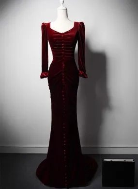 Wine Red Long Sleeves Velvet Mermaid Long Party Dress, Wine Red Long Formal Dress